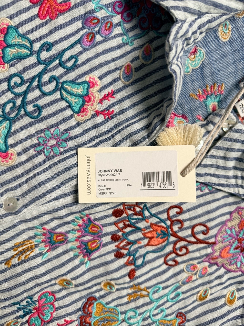 NWT Johnny Was Workshop Embroidered Stripe Tunic Top Small Boho Button Front - Picture 12 of 16